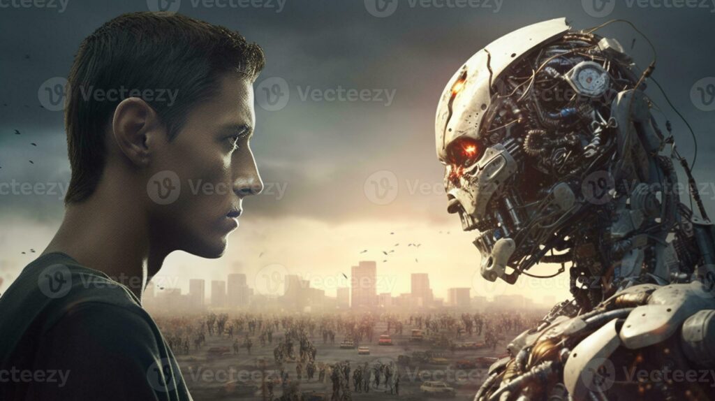 ai generated modern robot vs man photo