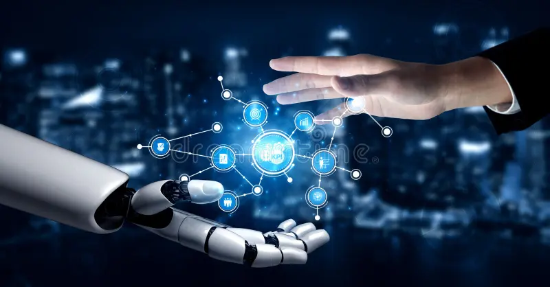 human robot interaction futuristic technology symbols representing connection collaboration digital era tessel 406643864