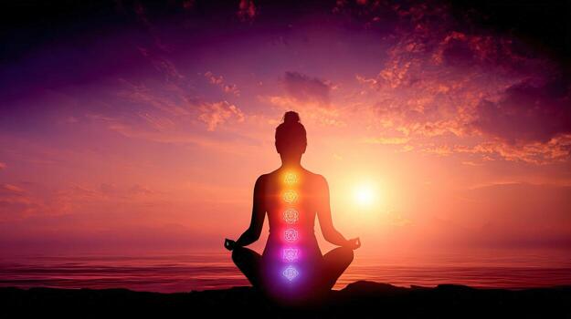 Aura – Meaning, Types, Importance, and Uses silhouette of woman meditating at sunset with chakra symbols overlay representing spiritual balance and energy flow photo