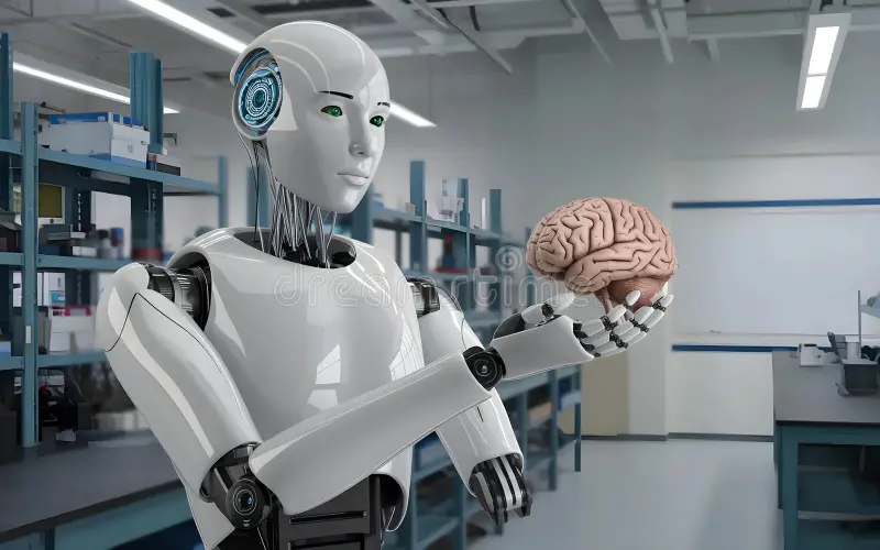 white humanoid robot green eyes holds model human brain its hand standing laboratory setting blue shelves 344170459